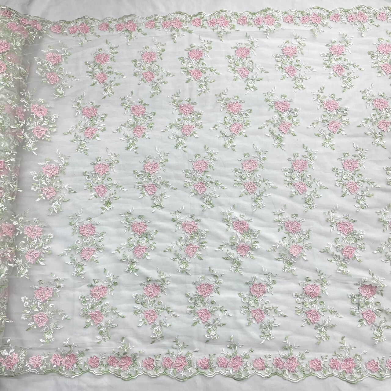 1 Yard Corded Bridal Lace Fabric Embroidered Net Mesh Sage Pink 53" Width